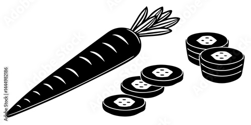 Set of whole carrot, sliced carrot pieces, chopped rings, orange root vegetable in healthy food concept illustration.