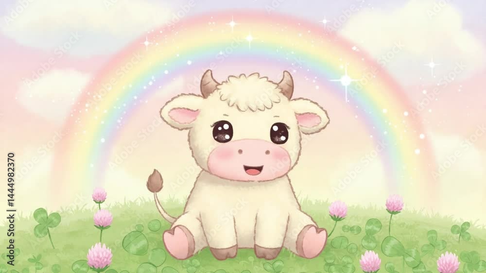Kawaii baby cow with rainbow background and holding a flower Kawaii baby cow with rainbow background and holding a flower