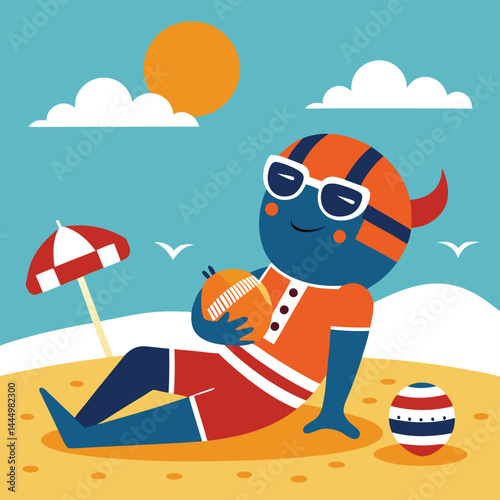 Experience the playful side of an American football player mascot as he enjoys a relaxing day sunbathing on the beach, blending athletic spirit with leisure in a vibrant illustration.
