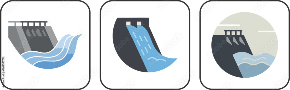 Hydroelectric Dam Water Power Eco Vector Icons Set Hydroelectric Dam Water Power Eco Vector Icons Set