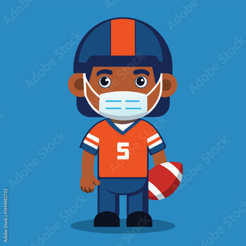 Experience the responsible side of a cute American football player mascot wearing a mask for virus prevention, blending sportsmanship with public health awareness in a vibrant illustration.
