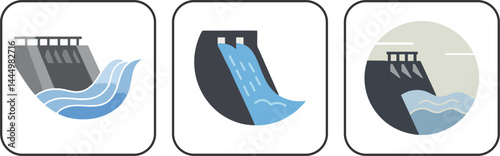 Hydroelectric Dam Water Power Eco Vector Icons Set