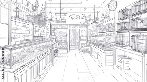 Interior sketch of pet store, empty. Possible use for architectural design, illustration, or educational purposes photo