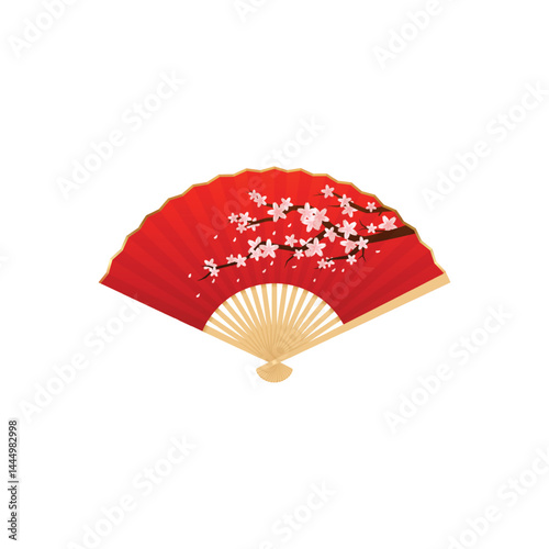 Vintage Japanese and Chinese folding hand fan decorated Sakura flowers, open bamboo and red paper accessory vector icon