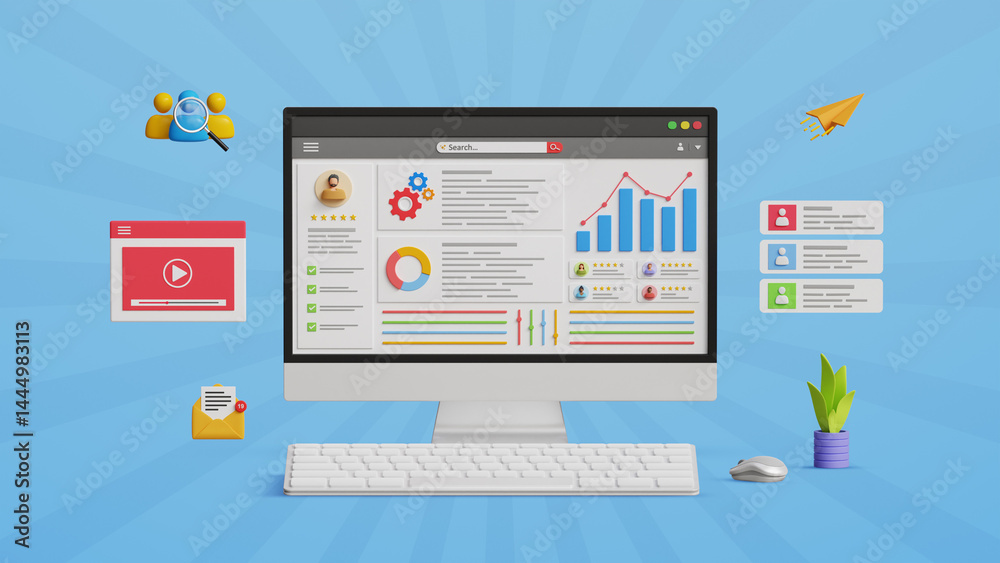 Market research, business data analysis, data management system, SEO analytics concept. KPI, CRM, finance, sales and marketing statistic dashboard on computer. 3D illustration Market research, business data analysis, data management system, SEO analytics concept. KPI, CRM, finance, sales and marketing statistic dashboard on computer. 3D illustration