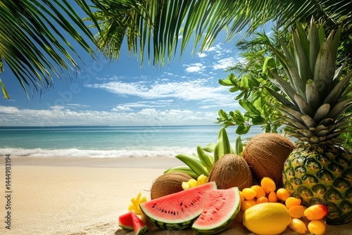 Tropical fruit bounty on a sunny beach Lush foliage frames a collection of fresh fruits, including watermelon, pineapple