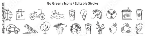 Set of Go Green icons in doodle style, line design, editable stroke, vector illustration