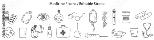 Set of Medicine icons in doodle style, line design, editable stroke, vector illustration