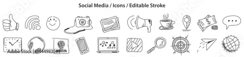 Set of Social Media icons in doodle style, line design, editable stroke, vector illustration