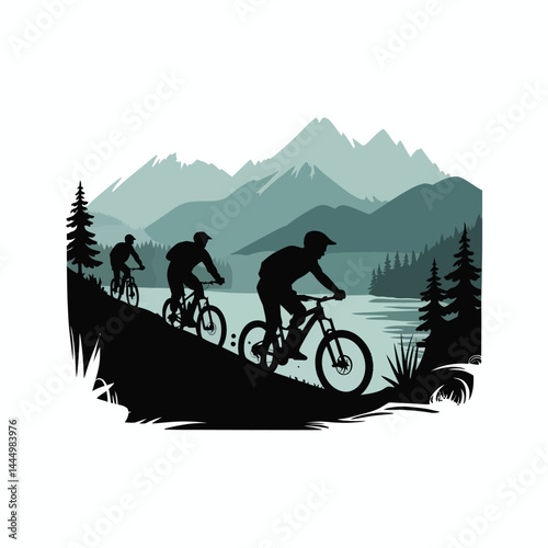 Mountain Bikers Riding Downhill Scenic Trail Landscape