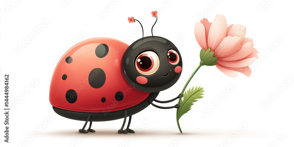 Fototapeta premium An eye-catching stock photo of cute cartoon ladybug holding a pink flower, ideal for creative, commercial, or editorial purposes.