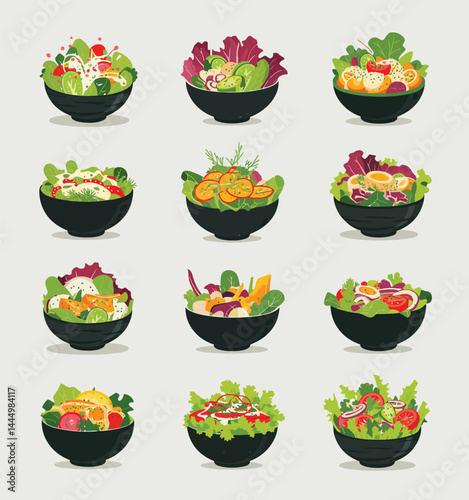 Twelve Delicious and Colorful Salad Bowls Illustration