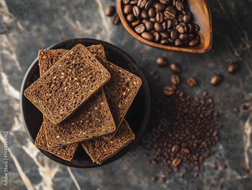 Crisp pumpernickel slices stacked neatly on a plate next to roasted coffee beans on a marble surface