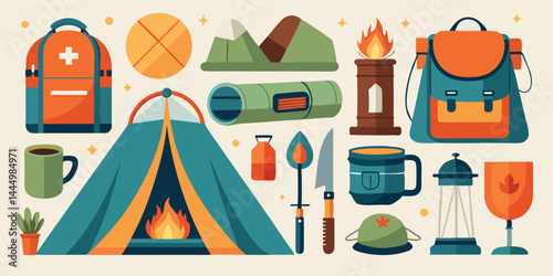 Camping gear essentials set including tent, hiking boots, campfire, and travel backpack.