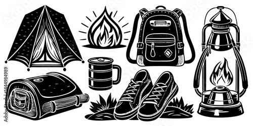 Camping gear essentials set including tent, hiking boots, campfire, and travel backpack.