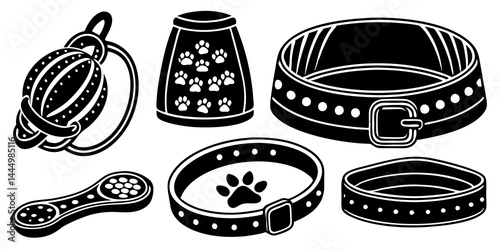 Line Art Of Pet accessories set including colorful dog collar, leash, soft bed, food bowl, and squeaky toy. 