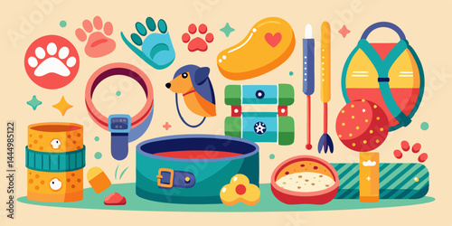 Pet accessories set including colorful dog collar, leash, soft bed, food bowl, and squeaky toy. 