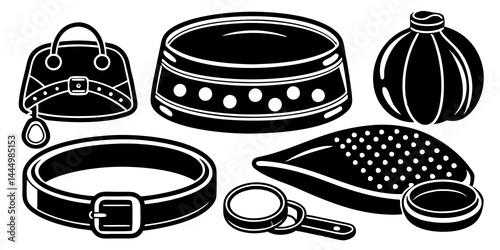 Line Art Of Pet accessories set including colorful dog collar, leash, soft bed, food bowl, and squeaky toy. 