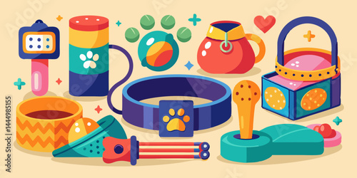 Pet accessories set including colorful dog collar, leash, soft bed, food bowl, and squeaky toy. 