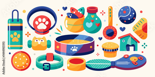 Pet accessories set including colorful dog collar, leash, soft bed, food bowl, and squeaky toy. 