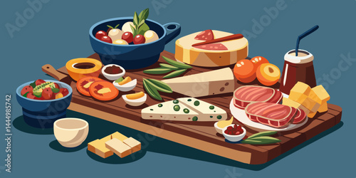 Gourmet food set with cheese platter, sushi, charcuterie board, and tapas arranged on elegant wooden trays