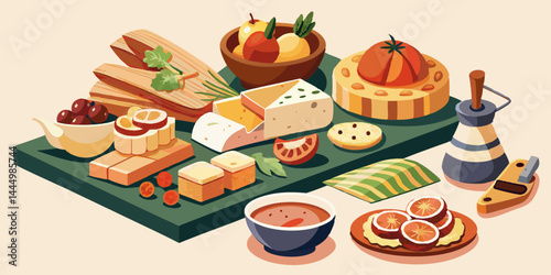 Gourmet food set with cheese platter, sushi, charcuterie board, and tapas arranged on elegant wooden trays