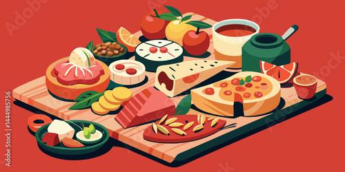 Gourmet food set with cheese platter, sushi, charcuterie board, and tapas arranged on elegant wooden trays