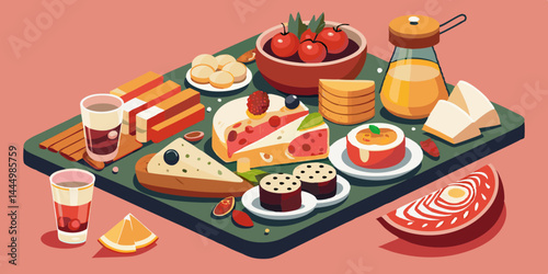 Gourmet food set with cheese platter, sushi, charcuterie board, and tapas arranged on elegant wooden trays