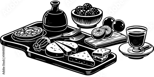 Gourmet food set with cheese platter, sushi, charcuterie board, and tapas arranged on elegant wooden trays