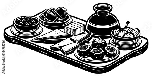 Gourmet food set with cheese platter, sushi, charcuterie board, and tapas arranged on elegant wooden trays