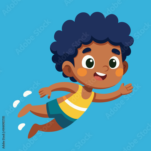  Discover a charming cartoon illustration of a cute Afro boy swimming with joy and vibrant colors. Perfect for children's books and educational materials.  

