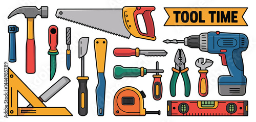 Colorful Collection of Hand Tools and Power Tools for DIY Projects