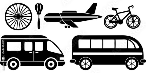 車、自転車、バス、電車、飛行機など、さまざまな交通手段のフラットなベクターアイコンセット