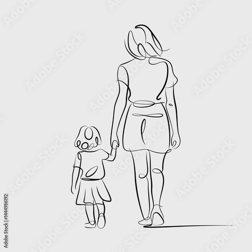 A continuous line drawing shows an adult and a child walking hand in hand, viewed from behind