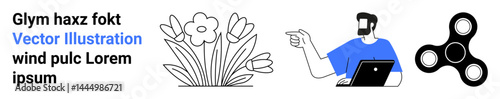 Blooming flowers, a man using a laptop, and a spinner in minimalist style. Ideal for technology, work-life balance, creativity, nature, mindfulness productivity recreation. Perfect flat landing