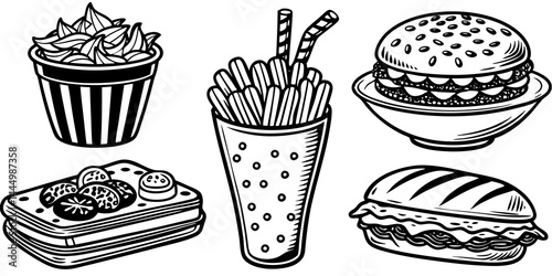 ハンバーガー、パスタ、サラダ、ステーキ、デザートを描いたフラットなベクター食品イラストのセット