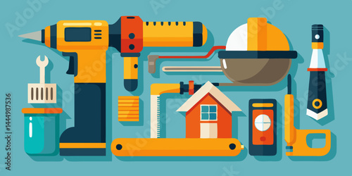 Home renovation tools vector set including hammer, drill, paintbrush, saw, and tape measure