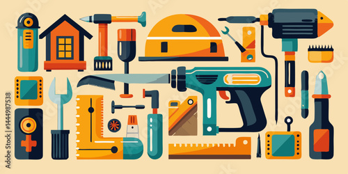 Home renovation tools vector set including hammer, drill, paintbrush, saw, and tape measure