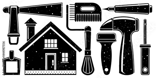 Home renovation tools vector set including hammer, drill, paintbrush, saw, and tape measure