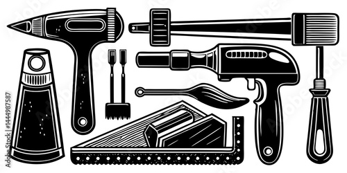 Home renovation tools vector set including hammer, drill, paintbrush, saw, and tape measure