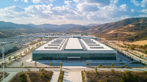 This state-of-the-art semiconductor production facility features advanced technology and eco-friendly design elements, surrounded by scenic mountains and open spaces photo