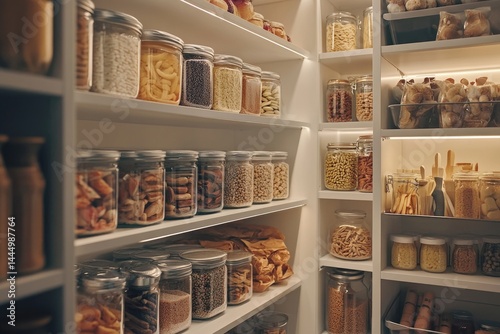 Organized pantry with glass jars filled with various dry goods  Shelves of different types of snacks and grains, neatly arranged Well lit, modern style photo