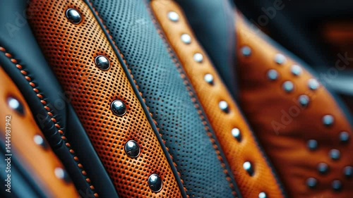 Luxury Car Seat Detail: Orange and Black Leather Upholstery with Metal Studs