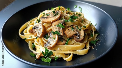 Plate of tagliatelle pasta with mushrooms and parsley. the pasta is cooked al dente and has a light yellow color. the mushrooms are sliced and arranged in a circular pattern on top of the pasta.