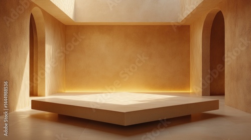 Beige Minimalist Interior Room With Golden Sunlight and Platform