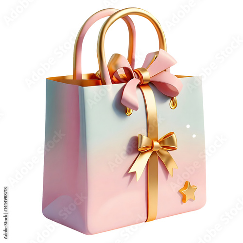 Elegant gift bag with gradient pastel colors adorned with golden ribbons and bows perfect for special occasions