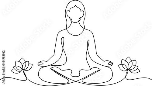  Continuous single line drawing of a woman meditating in lotus pose with closed eyes surrounded by delicate floral elements in a minimalist style