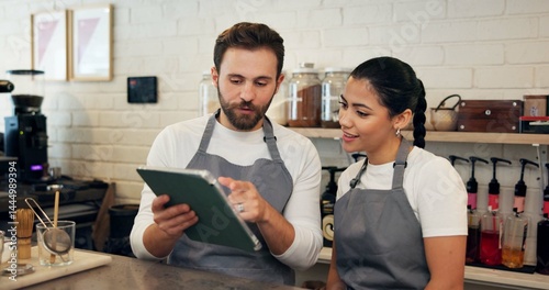 Obraz na płótnie Man, waitress and meeting on tablet at cafe of menu update, online orders and inventory management. People, digital and website reviews, stock information and checklist advice of hospitality industry w salonie