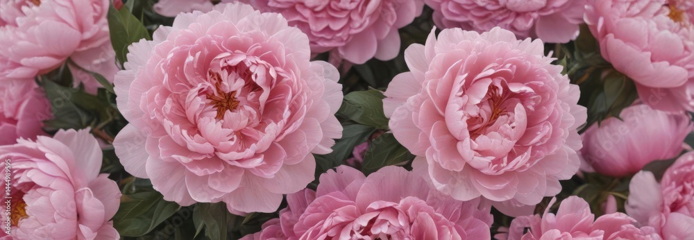 Fototapeta premium Tightly packed pink peonies, soft pink backdrop, delicate petals, blossom, pastel, photography