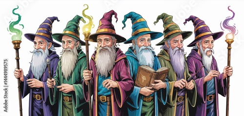 Five Wise Wizards with Staves and Spellbook
